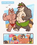  abs arm_hair beach black_fur body_hair bulge camera chest_hair chest_tuft clothed clothing crazy-go-lucky_(artist) crying cute duo elbow_tufts flexing fur hat humor ice_cream_cone leg_hair male muscular muscular_male overweight overweight_male seaside simple_background size_difference smile stomach_hair swimsuit tears tongue tongue_out tuft white_background 