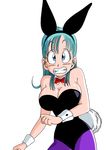  1girl bare_shoulders blue_eyes blush bowtie breasts bulma bunny_ears bunny_girl bunnysuit cleavage clenched_teeth cowboy_shot dragon_ball fake_animal_ears fake_tail green_hair large_breasts legs long_hair looking_at_viewer pantyhose simple_background solo standing sweat thighs transparent_background wrist_cuffs yamamoto_doujin 