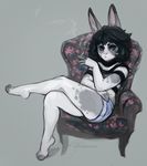  anthro chair cigarette clothed clothing female fur hair lagomorph levelviolet looking_at_viewer mammal rabbit sitting solo 