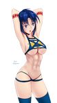  abs absurdres armpits arms_behind_head arms_up artist_name axia-chan bikini blue_eyes blue_hair blue_legwear breast_tattoo breasts ciel cleavage cowboy_shot eyebrows_visible_through_hair groin highres medium_breasts melty_blood navel open_mouth revealing_clothes roman_numerals short_hair solo stretch swimsuit tattoo thighhighs thighs toned transparent_background tsukihime underboob 