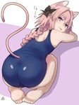  all_fours animal_ears ass astolfo_(fate) barefoot black_bow bow braid cat_ears cat_tail catboy check_commentary commentary_request extra_ears fang fate/apocrypha fate/grand_order fate_(series) from_behind full_body hair_between_eyes hair_intakes heart highres long_hair looking_at_viewer looking_back male_focus no_nose one-piece_swimsuit otoko_no_ko pink_hair purple_eyes ramchi school_swimsuit single_braid smile soles solo swimsuit tail tail_raised tail_through_clothes tongue tongue_out 
