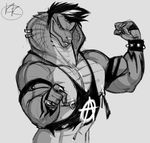  abs anthro biceps claws clothing cobra falcon_mccooper flexing hair half_portrait kobura looking_at_viewer male monochrome muscular nipple_piercing nipples pecs piercing reptile scalie signature sketch smile snake solo torn_clothing 