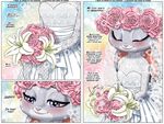  2017 abstract_background anthro blue_background blush borba bouquet bride clothed clothing comic dipstick_ears disney dress female first-person_perspective floral_crown flower fur grey_fur judy_hopps lace lagomorph lily_(flower) mammal offscreen_narrator pink_background pink_nose pink_roses plant purple_eyes rabbit rose screentone simple_background smile solo wedding_dress zootopia 