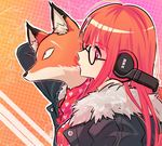  animal coat commentary fox from_side glasses headphones kitsune_(persona_4) long_hair mao_(expuella) orange_hair persona persona_4 persona_5 portrait profile purple_eyes sakura_futaba 