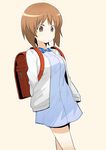  arms_behind_back backpack bag bangs blue_dress casual closed_mouth cowboy_shot dress eyebrows_visible_through_hair girls_und_panzer henyaan_(oreizm) long_sleeves looking_at_viewer nishizumi_miho randoseru short_dress short_hair simple_background solo standing sweater white_background white_sweater 