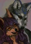  anthro canine duo female fur hair levelviolet male mammal open_mouth simple_background smile whiskers 