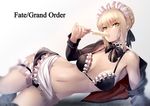  absurdres apron artoria_pendragon_(all) artoria_pendragon_(swimsuit_rider_alter) bare_shoulders bikini blonde_hair braid eating fate/grand_order fate_(series) food hair_ribbon highres jacket lying maid_bikini maid_headdress on_side popsicle ribbon solo sowel_(sk3) swimsuit thigh_strap thighhighs white_background yellow_eyes 