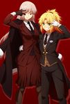  arm_around_waist bangs black_gloves blonde_hair braid butler buttons coat commentary cowboy_shot fate/apocrypha fate/grand_order fate_(series) female_butler florence_nightingale_(fate/grand_order) flower formal fur_trim gloves green_eyes grin jacket jacket_on_shoulders long_hair mordred_(fate) mordred_(fate)_(all) multiple_girls necktie oiun open_mouth pantyhose pink_hair ponytail red_eyes seiyuu_connection skirt skirt_suit smile suit v v_over_eye vest white_gloves wing_collar 