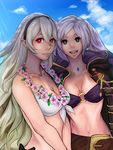  absurdres bikini blue_sky breasts cleavage cloak day female_my_unit_(fire_emblem:_kakusei) female_my_unit_(fire_emblem_if) fire_emblem fire_emblem:_kakusei fire_emblem_heroes fire_emblem_if flower flower_necklace front-tie_bikini front-tie_top hairband highres jacket_on_shoulders jewelry lei long_hair looking_at_viewer medium_breasts multiple_girls my_unit_(fire_emblem:_kakusei) my_unit_(fire_emblem_if) necklace o-ring o-ring_bikini pointy_ears red_eyes silver_hair sky smile swimsuit tryntler very_long_hair 