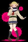  :d bangs berobero_n black_background blonde_hair blunt_bangs blush boku_no_hero_academia cardigan double_bun fangs full_body half-closed_eyes knife long_sleeves looking_at_viewer open_mouth paint_splatter scarf school_uniform serafuku simple_background skirt smile solo teeth thigh_strap toga_himiko yandere_trance yellow_eyes 