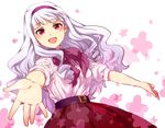  :d bad_id bad_pixiv_id belt blush bow bowtie eyebrows_visible_through_hair floating_hair hairband idolmaster idolmaster_(classic) long_hair looking_at_viewer open_mouth outstretched_arms purple_bow purple_hairband purple_neckwear red_eyes red_skirt restaint shijou_takane shirt silver_hair simple_background skirt smile solo very_long_hair white_background white_shirt 