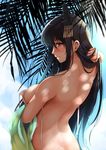  akatsuki_akane bikini black_hair blush breasts bush closed_mouth covering covering_breasts day from_behind fusou_(kantai_collection) hair_lift hair_ornament kantai_collection large_breasts long_hair looking_at_viewer looking_back red_eyes sky solo swimsuit tree white_bikini 