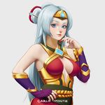  artist_name bare_shoulders blue_eyes breasts breasts_apart carlo_montie center_opening fingerless_gloves gem gloves grey_background hair_ornament hair_stick headband jewelry lian_(paladins) lipstick long_hair makeup medium_breasts nail_polish paladins ring solo thumb_ring upper_body white_hair 
