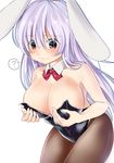 ? absurdres animal_ears bare_arms bare_shoulders black_legwear black_leotard blush bow bowtie breasts bunny_ears bunnysuit cleavage commentary_request cowboy_shot detached_collar hair_between_eyes highres large_breasts leotard long_hair miri_(miri0xl) pantyhose purple_hair red_bow red_eyes red_neckwear reisen_udongein_inaba simple_background solo spoken_question_mark touhou very_long_hair white_background 