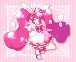 ;d animal_ears boots bow bunny_ears bunny_tail cake_hair_ornament cure_whip dadadanoda dress extra_ears food_themed_hair_ornament full_body gloves hair_ornament hairband heart kirakira_precure_a_la_mode long_hair looking_at_viewer magical_girl one_eye_closed open_mouth pink pink_background pink_bow pink_eyes pink_footwear pink_hair precure red_hairband smile solo striped striped_background tail twintails usami_ichika white_dress white_gloves 