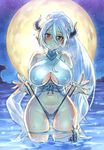  bare_shoulders bikini bikini_pull blush breasts breath bright_pupils cameltoe covered_nipples cross-laced_clothes draph fingernails flower full_moon granblue_fantasy hair_between_eyes hair_flower hair_ornament horns izmir long_fingernails long_hair mimonel moon multi-strapped_bikini navel night outdoors outstretched_hand pointy_ears ponytail red_eyes single_thighhigh smile solo strap_lift swimsuit thighhighs underboob_cutout very_long_hair wading wet white_hair 