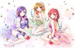  apple barefoot bow breasts brown_hair choker cleavage earrings eyebrows_visible_through_hair flower food fruit green_eyes green_ribbon hair_bow hair_ribbon highres holding holding_food holding_fruit jewelry koizumi_hanayo long_hair looking_at_viewer love_live! love_live!_school_idol_project medium_breasts multiple_girls nishikino_maki panties purple_eyes purple_hair red_hair red_panties red_shirt ribbon see-through sha shirt short_hair simple_background sitting strapless striped striped_shirt thigh_strap thighhighs toujou_nozomi underwear vertical-striped_shirt vertical_stripes white_background white_bow white_flower white_legwear 