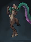  4_toes aggrobadger anthro asphyxiation brown_eyes brown_fur canine choking claws dipstick_tail featureless_crotch fluffy fluffy_tail fur holding_character looking_up mammal multicolored_tail nude open_mouth pecs shaded simple_background solo tentacles toes violence wolf 