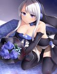  bad_anatomy black_dress black_legwear bouquet breasts choker cleavage closed_mouth commentary_request dress elbow_gloves expressionless flower from_above gloves headphones highres holding holding_flower kneeling leotard long_hair medium_breasts neit_ni_sei original purple_eyes sidelocks silver_hair solo tile_floor tiles 