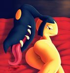  1girl ass bed_sheet black_hair drooling from_behind half-closed_eyes highres looking_back lying mawile no_humans on_side pokemon pokemon_(creature) pokemon_rse pussy red_background red_benjamin red_eyes saliva simple_background smile solo teeth tongue tongue_out uncensored 