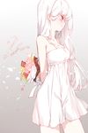  albino arms_behind_back artist_name bangs bare_shoulders blush bouquet closed_mouth collarbone cowboy_shot dated de_da_xianyu dress eyebrows_visible_through_hair flower from_side gradient gradient_background holding holding_bouquet long_hair original red_eyes signature solo sundress tears white_dress white_hair 