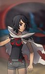  black_hair bob_cut cloack dark_skin higana_(pokemon) pokemon_(game) red_eyes salamence short_hair short_shorts smile 