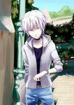  accelerator black_shirt blue_pants cardigan choker collarbone cowboy_shot day eyebrows_visible_through_hair hair_between_eyes hood hooded_sweater male_focus namo open_cardigan open_clothes outdoors pants parted_lips red_eyes shirt silver_hair solo spiked_hair standing sweater to_aru_majutsu_no_index watch white_sweater wristwatch zipper 