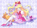  :d argyle argyle_background asahina_mirai blonde_hair blue_background bow brooch broom broom_riding cure_miracle dadadanoda dress earrings gloves hair_bow hairband hat high_heels jewelry kneehighs long_hair looking_at_viewer magical_girl mahou_girls_precure! mini_hat mini_witch_hat open_mouth pink_dress pink_footwear pink_hairband pink_hat ponytail precure purple_eyes red_bow shoes smile solo white_gloves white_legwear witch_hat 