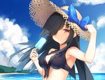  arm_up beach bikini_top black_bikini_top black_hair blue_sky breasts brown_eyes cleavage cloud cloudy_sky day eyebrows_visible_through_hair food front-tie_bikini front-tie_top hair_over_one_eye hand_on_headwear hat hat_ribbon hayashimo_(kantai_collection) highres kantai_collection long_hair looking_at_viewer mafuyun medium_breasts outdoors popsicle ribbon sidelocks sky smile solo straw_hat sun_hat upper_body 