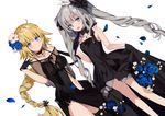 :d black_dress black_gloves black_legwear blonde_hair blue_eyes blush braid breasts choker cleavage closed_mouth covered_navel detached_collar dress drill_hair dutch_angle fate/grand_order fate_(series) flower gloves grey_hair hair_flower hair_ornament half_gloves highres jeanne_d'arc_(fate) jeanne_d'arc_(fate)_(all) jewelry large_breasts long_hair marie_antoinette_(fate/grand_order) medium_breasts multiple_girls necklace nove_(legge) open_mouth pendant petals side_slit simple_background single_braid smile thighhighs twin_drills twintails very_long_hair white_background 