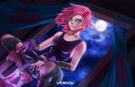  artist_name bandages blood blood_on_face blue_eyes boots cloud dagger deviantart_sample fingerless_gloves gloves glowing glowing_eyes image_sample maeve_(paladins) moon nail_polish night night_sky paladins pink_hair sky solo vocox weapon window 