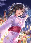  :d aerial_fireworks ass blue_ribbon blush brown_eyes brown_hair eyebrows_visible_through_hair fireworks food_stand hair_bun hair_ribbon highres index_finger_raised jakelian japanese_clothes kimono long_hair looking_at_viewer multiple_girls obi open_mouth original pointing pointing_to_the_side ponytail ribbon sash school_uniform short_hair smile summer_festival yukata 