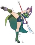  azu bare_shoulders blush boots breasts cross-laced_footwear dragon_quest dragon_quest_xi full_body green_footwear high_heel_boots high_heels highres kicking knee_boots lace-up_boots large_breasts long_hair martina_(dq11) motion_blur navel ponytail purple_eyes purple_hair solo 