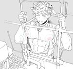  abs bell bell_collar biceps blush collar cow_boy downcast_eyes granblue_fantasy holding horns lactation male_focus male_lactation milking_machine muscle nipples pectorals protected_link rollermet simple_background solo_focus spot_color sweat tag upper_body vane_(granblue_fantasy) 