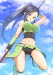  abs bare_shoulders blue_eyes breasts dragon_quest dragon_quest_xi fingerless_gloves full_body gloves large_breasts long_hair looking_at_viewer martina_(dq11) midriff murata_taichi navel ponytail solo 