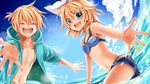  1girl :d belt bikini blonde_hair blue_bikini_top blue_eyes blue_shorts blue_sweater bow breasts brother_and_sister cardigan cleavage closed_eyes cloud cloudy_sky day hair_between_eyes hair_bow hair_ornament hairclip kagamine_len kagamine_rin lens_flare looking_at_viewer momomochi navel open_cardigan open_clothes open_mouth outdoors outstretched_arms short_hair short_shorts shorts siblings sky small_breasts smile striped striped_bikini sweater swimsuit vocaloid wading water white_bow 
