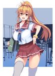  bag bookbag breasts brown_eyes brown_hair classroom high_ponytail large_breasts long_hair masao mole mole_under_eye original ponytail school_uniform scrunchie smile solo thighhighs white_legwear 