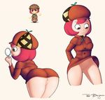  1girl artist_name ass bent_over black_eyes breasts brown_coat brown_hat ella_mentree_(iris_archwall) from_behind hat leaning_forward legs_apart long_sleeves looking_down magnifying_glass medium_breasts multiple_views nintendo no_panties pink_hair pussy red_benjamin short_hair signature simple_background smile solo standing streetpass_mansion text tongue tongue_out uncensored white_background 