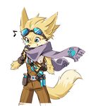 animal_ears belt blue_eyes eighth_note fingerless_gloves furry gloves goggles goggles_on_head male_focus musical_note nanashiba paladins pip_(paladins) potion scarf simple_background solo tail upper_body white_background 