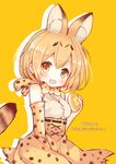  :d animal_ears bare_shoulders blonde_hair blush bow bowtie brown_eyes elbow_gloves food gloves holding holding_food japari_bun kemono_friends looking_at_viewer maodouzi open_mouth serval_(kemono_friends) serval_ears serval_print serval_tail short_hair sleeveless smile solo tail yellow_background 