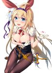  :d ahoge akanagi_youto animal_ears areola_slip areolae blonde_hair blue_eyes blush breast_hold breasts brown_legwear bunny_ears bunny_girl bunny_tail bunnysuit cleavage embarrassed fake_animal_ears flower fur_trim gloves granblue_fantasy hair_flower hair_ornament hair_ribbon hairband heart highres jeanne_d'arc_(granblue_fantasy) large_breasts leotard long_hair open_mouth pantyhose ribbon simple_background sitting smile solo sword tail very_long_hair weapon white_background white_gloves 