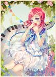  beamed_sixteenth_notes blue_neckwear blue_ribbon border chromatic_aberration day eighth_note flower frilled_skirt frills highres holding holding_flower knees_together_feet_apart love_live! love_live!_school_idol_project musical_note neck_ribbon nishikino_maki outdoors piano_keys pink_flower pink_rose purple_eyes quarter_note red_flower red_hair red_rose ribbon rose shirt short_hair short_sleeves skirt solo string_of_flags teka treble_clef white_shirt white_skirt yellow_flower yellow_rose 