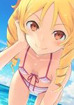  bare_arms bare_shoulders beach bent_over bikini blue_sky blush breasts brown_eyes cloud day drill_hair eromanga_sensei errant hand_in_hair leaning_forward long_hair looking_at_viewer navel ocean sky small_breasts smile solo striped striped_bikini swimsuit twin_drills wet yamada_elf 