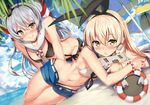  adapted_costume all_fours amatsukaze_(kantai_collection) ass beach bikini black_bikini blonde_hair blush bracelet breasts brown_eyes closed_mouth cloud cloudy_sky day dutch_angle garter_straps hair_between_eyes hairband hat horizon jewelry kantai_collection kawai long_hair looking_at_viewer lying mini_hat multiple_girls navel on_side open_fly open_pants outdoors rensouhou-chan shimakaze_(kantai_collection) short_shorts shorts silver_hair sky small_breasts smile suspenders swimsuit yellow_eyes 