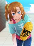  asymmetrical_bangs bangs blue_eyes blue_pants blue_shirt blush bottle brick_wall clothes_writing cloud commentary day drink eyebrows_visible_through_hair fence foreshortening giving hair_ornament hair_scrunchie highres holding holding_bottle kousaka_honoka leaning_forward looking_at_viewer love_live! love_live!_school_idol_project off-shoulder_shirt off_shoulder omaehadareda-uso one_side_up orange_hair pants red_shirt rooftop scrunchie shirt sky smile solo sweat tile_floor tiles undershirt water_bottle yellow_scrunchie 
