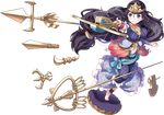  black_hair blue_eyes bow_(weapon) bowgun breasts chunoku crossbow crown full_body holding holding_weapon jewelry kannonji_(oshiro_project) large_breasts long_hair low-tied_long_hair midriff navel necklace official_art oshiro_project oshiro_project_re sheep_sleep short_sleeves smile solo transparent_background very_long_hair weapon 