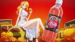  1girl alone breasts commercial dress fanta female holding long_hair nami_(one_piece) one_piece orange orange_hair sitting smile thighs treasure 