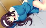  ;) bed_sheet black_hair blue_eyes blush bottomless commentary dutch_angle eyebrows_visible_through_hair hairband hand_on_hip highres indoors kasumigaoka_utaha long_hair lying on_side one_eye_closed red_eyes saenai_heroine_no_sodatekata sheita shiny shiny_skin smile solo very_long_hair white_hairband 