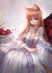  animal_ears apple bangs bare_shoulders blush breasts brown_hair closed_mouth detached_sleeves dress eyebrows_visible_through_hair food frilled_dress frilled_sleeves frills fruit holo jewelry long_hair looking_at_viewer medium_breasts red_eyes ribbon simple_background smile spice_and_wolf strapless strapless_dress white_dress wide_sleeves wolf_ears xing 