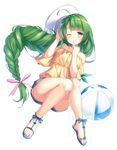  ;) absurdres ahoge ball bare_shoulders beachball blue_eyes blush braid breasts eyebrows_visible_through_hair finger_to_mouth full_body green_hair hair_ribbon hat highres kantai_collection knees_together_feet_apart legs_up long_hair looking_at_viewer mafuyun medium_breasts mole mole_under_mouth off-shoulder_shirt one_eye_closed pinky_out ribbon sandals shirt short_shorts shorts simple_background single_braid smile solo sun_hat toenail_polish toes very_long_hair white_background yuugumo_(kantai_collection) 